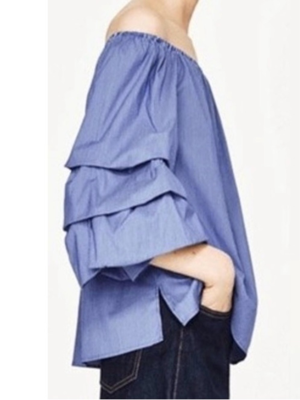Zara Light Blue Off-Shoulder Ruffle Sleeve Blouse S Nautical Stripes